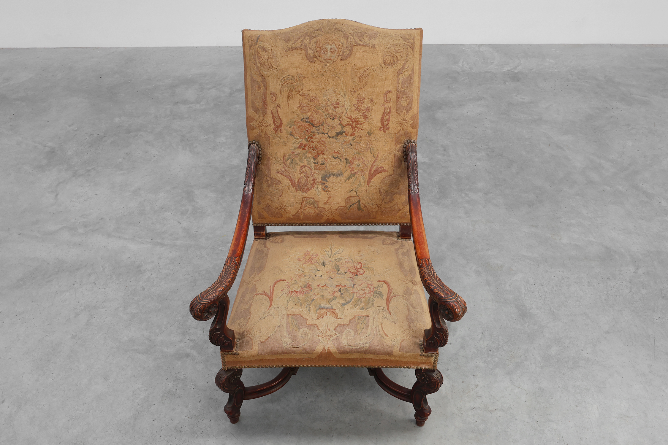 Carved Walnut Armchair with Scrolling and Tapestry Upholstery, France, circa 1800thumbnail
